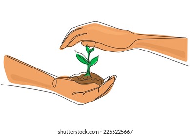 Single one line drawing new life in young hands on white background. Female hand holding tree on nature field grass Forest conservation concept. Continuous line draw design graphic vector illustration