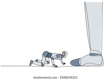 Single one line drawing the new robot kneels and licks giant foot. Testing artificial intelligence to become an obedient robot. Future technology concept. Continuous line design graphic illustration