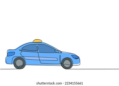 Single one line drawing of the newest modern taxi car uses a meter, GPS, and can be ordered online. Technological advances in transportation. Continuous line draw design graphic vector illustration.