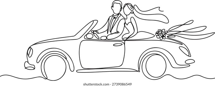 Single one line drawing newly married couple groom in vehicle. Happy man and woman riding wedding car. Married couple romantic relationship. one line Icon drawing
