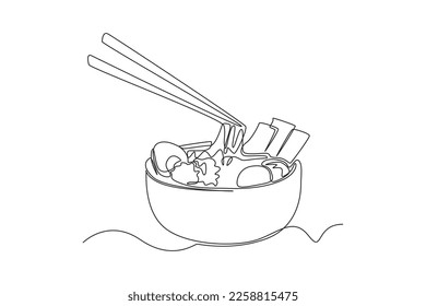 Single one line drawing noodles with egg. Breakfast Concept. Continuous line draw design graphic vector illustration.