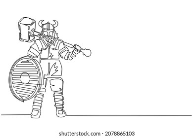 Single one line drawing norseman viking warrior raider barbarian wearing horned helmet with beard holding hammer and shield isolated white background. Continuous line draw design vector illustration