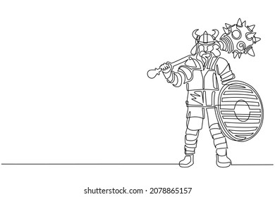 Single one line drawing norseman viking warrior raider barbarian wearing horned helmet with beard holding mace and shield on isolated white background. Continuous line draw design vector illustration