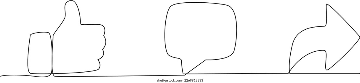 Single one line drawing notification icons of like, message and comment. Social media concept. Continuous line draw design graphic vector illustration.