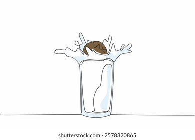 Single one line drawing oatmeal cookies are put into a glass of milk and form a splash. Delicious and healthy breakfast. Diet. National Oatmeal Cookie Day. Continuous line design graphic illustration