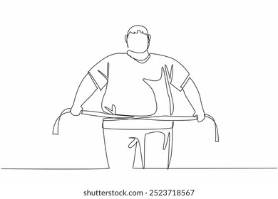 Una sola línea dibujando hombre obeso envuelto en cinta métrica. El estómago está hinchado y flácido. Mantenga una dieta. Aumente el ejercicio. Día Mundial de la Obesidad. Ilustración gráfica de diseño de línea continua