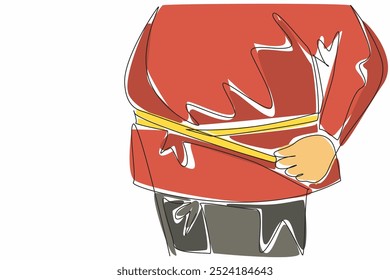 Single one line drawing obese stomach wrapped in measuring tape. Fat man in action. Strict diet for an ideal body. Try the best. Fatness. World Obesity Day. Continuous line design graphic illustration