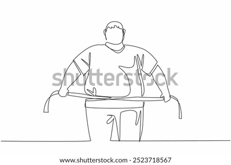 Single one line drawing obese man wrapped in measuring tape. The stomach is swollen and sagging. Maintain a diet. Increase exercise. World Obesity Day. Continuous line design graphic illustration