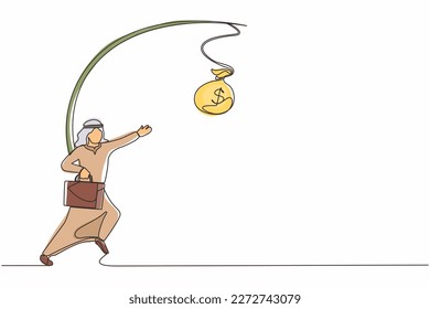 Single one line drawing oblivious Arabian businessman chasing bag of money. Artwork illustration depicts foolishness, stupidity, unawareness, decoy. Continuous line design graphic vector illustration