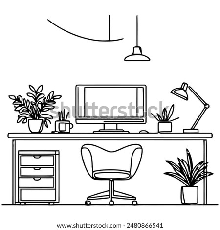 Single one line drawing Office workstation furniture interior concept. Continuous line draw design graphic vector illustration.