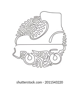Single one line drawing old retro plastic quad roller skate shoes. Trendy vintage classic sport concept. Swirl curl circle background style. Continuous line draw design graphic vector illustration