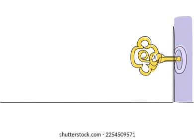 Single one line drawing old key in keyhole on white background. Concept, symbol and idea for history, business, security. Sale and purchase concept. Modern continuous line draw design graphic vector