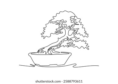 Single one line drawing of old beauty and exotic miniature bonsai tree. Decorative banyan plant concept for agriculture exhibition logo. Modern continuous line draw design graphic vector illustration