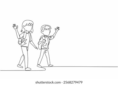 Single one line drawing older sister and younger brother walking waving their hands. Be friendly and polite. Childhood. National Brothers and Sisters Day. Continuous line design graphic illustration