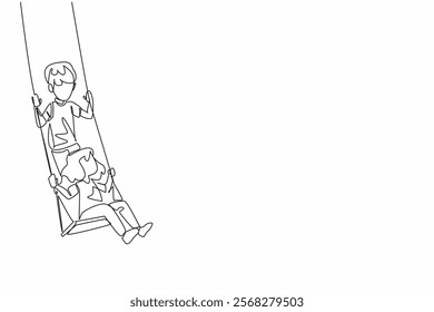 Single one line drawing older brother standing and younger sister sitting on the swing. Moment of joy. Harmonious. Play. National Brothers and Sisters Day. Continuous line design graphic illustration