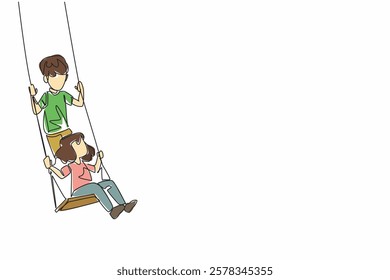 Single one line drawing older brother standing and younger sister sitting on the swing. Moment of joy. Harmonious. Play. National Brothers and Sisters Day. Continuous line design graphic illustration