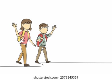 Single one line drawing older sister and younger brother walking waving their hands. Be friendly and polite. Childhood. National Brothers and Sisters Day. Continuous line design graphic illustration