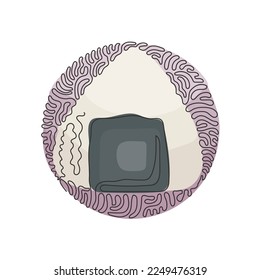 Single one line drawing Onigiri. Rice balls with nori seaweed. Traditional Japanese fast food. Bento lunch. Swirl curl circle background style. Continuous line draw design graphic vector illustration