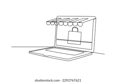 Single one line drawing online shopping with laptop and bag. E-commerce concept. Continuous line draw design graphic vector illustration.
