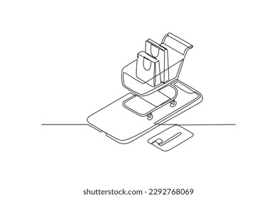 Single one line drawing online shopping with trolley and smartphone. E-commerce concept. Continuous line draw design graphic vector illustration.