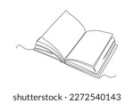 Single one line drawing open book. World book day concept. Continuous line draw design graphic vector illustration.