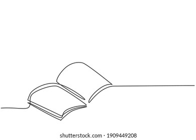 Single one line drawing of open text book for study. Back to school minimalist, education concept. Continuous simple line draw style design graphic vector illustration