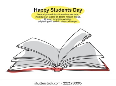 Single one line drawing of open text book for study. Back to school minimalist, education concept. Continuous simple line draw style design graphic vector illustration.