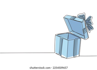 Dibujo de una sola línea abrir caja de regalo blanca con cinta y arco. Saludo el paquete actual. Regalo decorativo o caja de cartón con arco. Ilustración de líneas continuas moderna de diseño gráfico vectorial