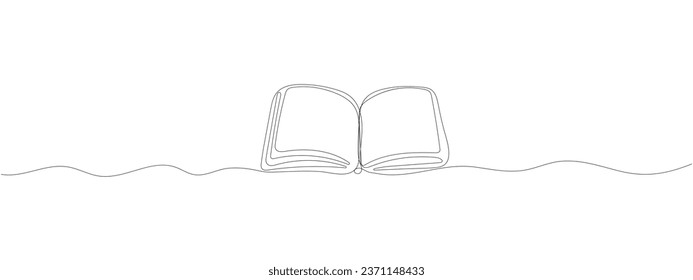 Single one line drawing of open text book for study. Back to school minimalist, education concept. Continuous simple line draw style design graphic vector illustration