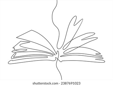 Single one line drawing of open text book for study. Back to school minimalist, education concept. Continuous simple line draw style design graphic vector illustration