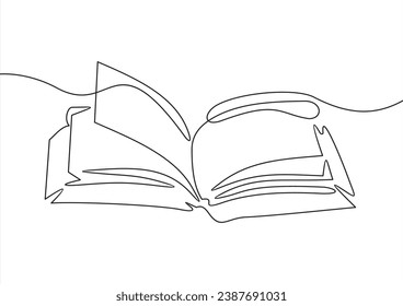 Single one line drawing of open text book for study. Back to school minimalist, education concept. Continuous simple line draw style design graphic vector illustration