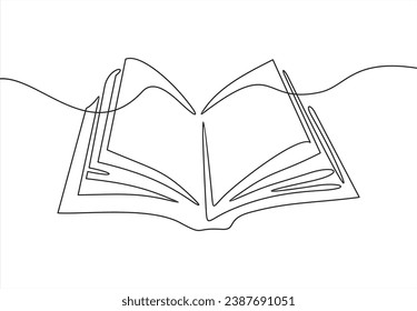 Single one line drawing of open text book for study. Back to school minimalist, education concept. Continuous simple line draw style design graphic vector illustration