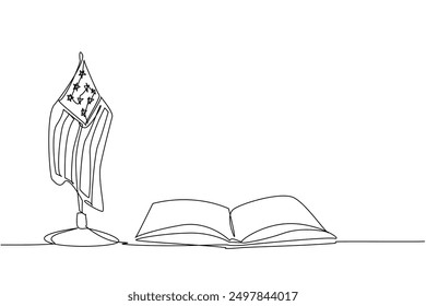 Single one line drawing open book accompanied by small American flag. Education. Reading increases knowledge of the world. National Read Across America Day. Continuous line design graphic illustration