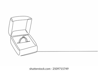 Single one line drawing open ring box with a ring inside. A ring proposes to a beloved lover. Will be given during a romantic dinner. National Proposal Day. Continuous line design graphic illustration