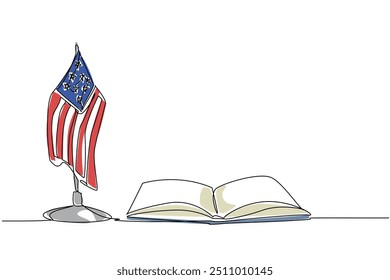 Libro abierto de dibujo de una sola línea acompañado de la Pequeña bandera estadounidense. Educación. La lectura aumenta el conocimiento del mundo. Día Nacional de la Lectura en América. Ilustración gráfica de diseño de línea continua