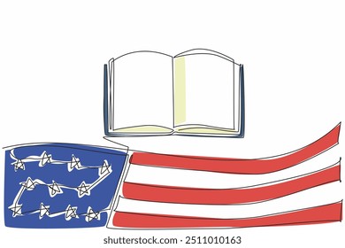 Una sola línea dibujando un libro abierto cerca de la bandera estadounidense. Una nación inteligente es aquella que está acostumbrada a leer libros. Día Nacional de la Lectura en América. Ilustración gráfica de diseño de línea continua