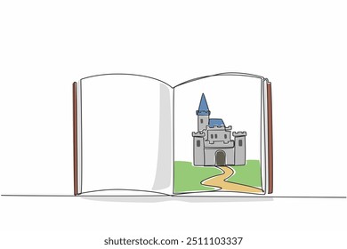 Una sola línea dibujando un libro abierto con un castillo en la página. Cuenta la historia en el pasado. La residencia de reyes poderosos. Día Mundial de la Narración. Ilustración gráfica de diseño de línea continua