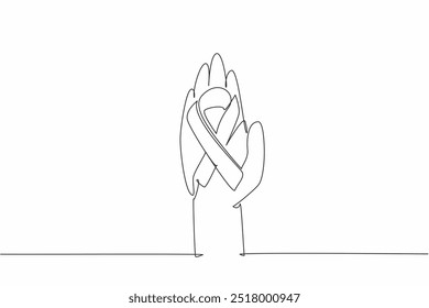 Single one line drawing one open palm has a ribbon forming cancer symbol. Symbol for helping each other. Positive activities for charity. World Cancer Day. Continuous line design graphic illustration