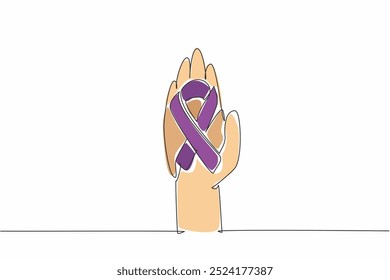Einzeilige Zeichnung eine offene Handfläche hat ein Band Krebs-Symbol. Symbol, um sich gegenseitig zu helfen. Positive Aktivitäten für wohltätige Zwecke. Weltkrebstag. Grafische Illustration zum Liniendesign