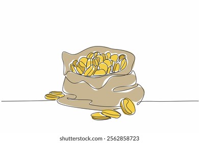 Single one line drawing an open cloth bag filled with coins. Like a prize from television quiz. The gold coins glistened. The luxury of treasure. Coin Week. Continuous line design graphic illustration