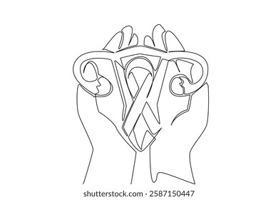 Single one line drawing open palm with uterus and campaign ribbon. Community concerned about internal organs of women. Charity. World Ovarian Cancer Day. Continuous line design graphic illustration