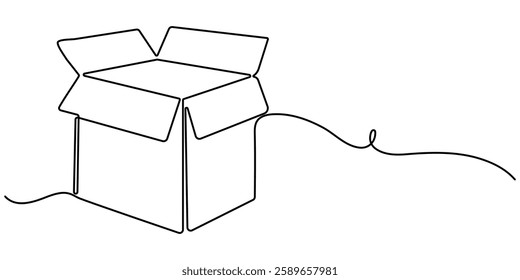Single one line drawing open white gift box with ribbon and bow. Greeting present package. Decorative gift or cardboard box with bow. Modern continuous line draw design graphic vector illustration.