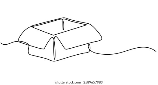 Single one line drawing open white gift box with ribbon and bow. Greeting present package. Decorative gift or cardboard box with bow. Modern continuous line draw design graphic vector illustration.