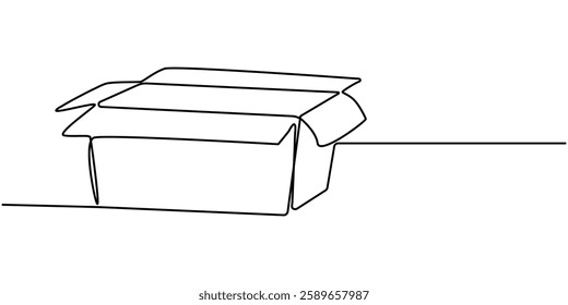 Single one line drawing open white gift box with ribbon and bow. Greeting present package. Decorative gift or cardboard box with bow. Modern continuous line draw design graphic vector illustration.