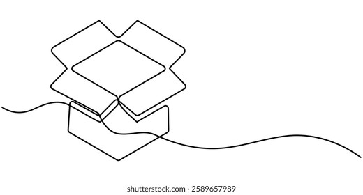 Single one line drawing open white gift box with ribbon and bow. Greeting present package. Decorative gift or cardboard box with bow. Modern continuous line draw design graphic vector illustration.