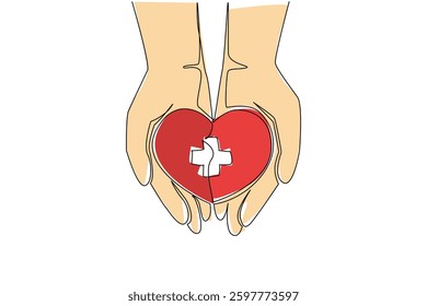 Single one line drawing open palm and there is a heart with a plus sign in the middle. Symbol of caring for others. Charity. Donate. World Red Cross Day. Continuous line design graphic illustration