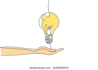 Single one line drawing open palm with lights floating above it. Like magic. Varied out of the box ideas. The power of thinking. National Creativity Day. Continuous line design graphic illustration