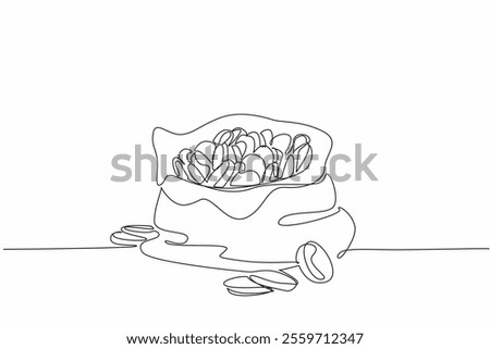 Single one line drawing an open cloth bag filled with coins. Like a prize from television quiz. The gold coins glistened. The luxury of treasure. Coin Week. Continuous line design graphic illustration