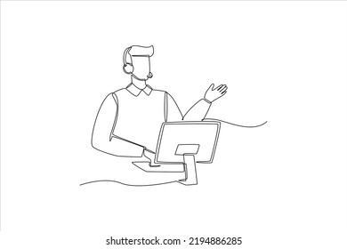 Single one line drawing Operator with headset and computer doing live feedback. Customer service concept. Continuous line draw design graphic vector illustration.
