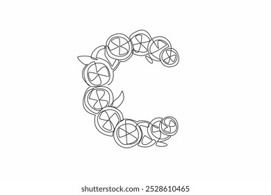 Single one line drawing orange fruit sliced ​​orange and orange leaves arranged in a C shape. 1000mg vitamin C. Daily needs. Zesty. National Vitamin C Day. Continuous line design graphic illustration